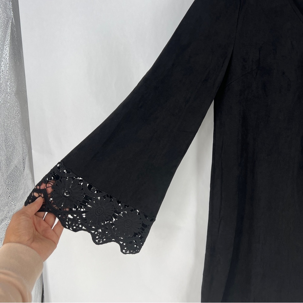 JODIFL Black Faux Suede Crisscross V-Neck Lace‎ Trim Flare Sleeve Dress M - Picture 6 of 12